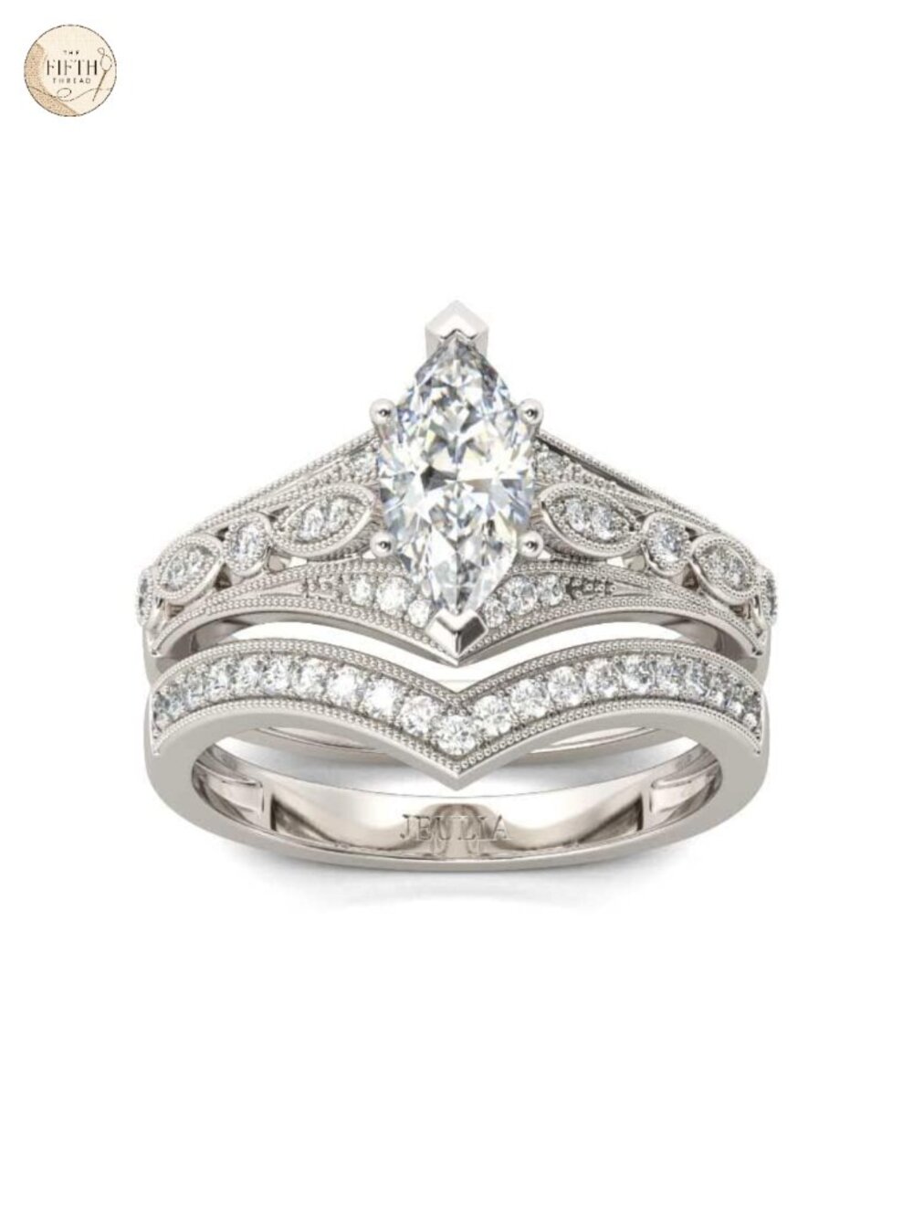 Sterling Silver Milgrain Marquise Cut Bridal Set 2PC Wedding Ring Set